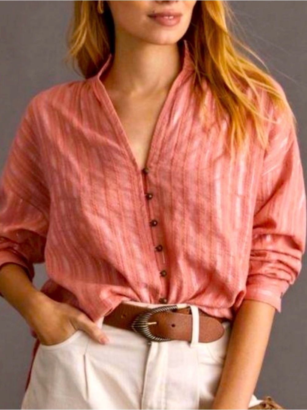 Pilcro Button Down Top Womens Pink Silver Metallic Ruffle Hem Hi Low Long Sleeve
